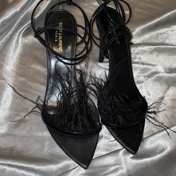 Saint Laurent  Black Patent Ostrich Feathers Ankle Strap Sandals Size 41 - Picture 5 of 8